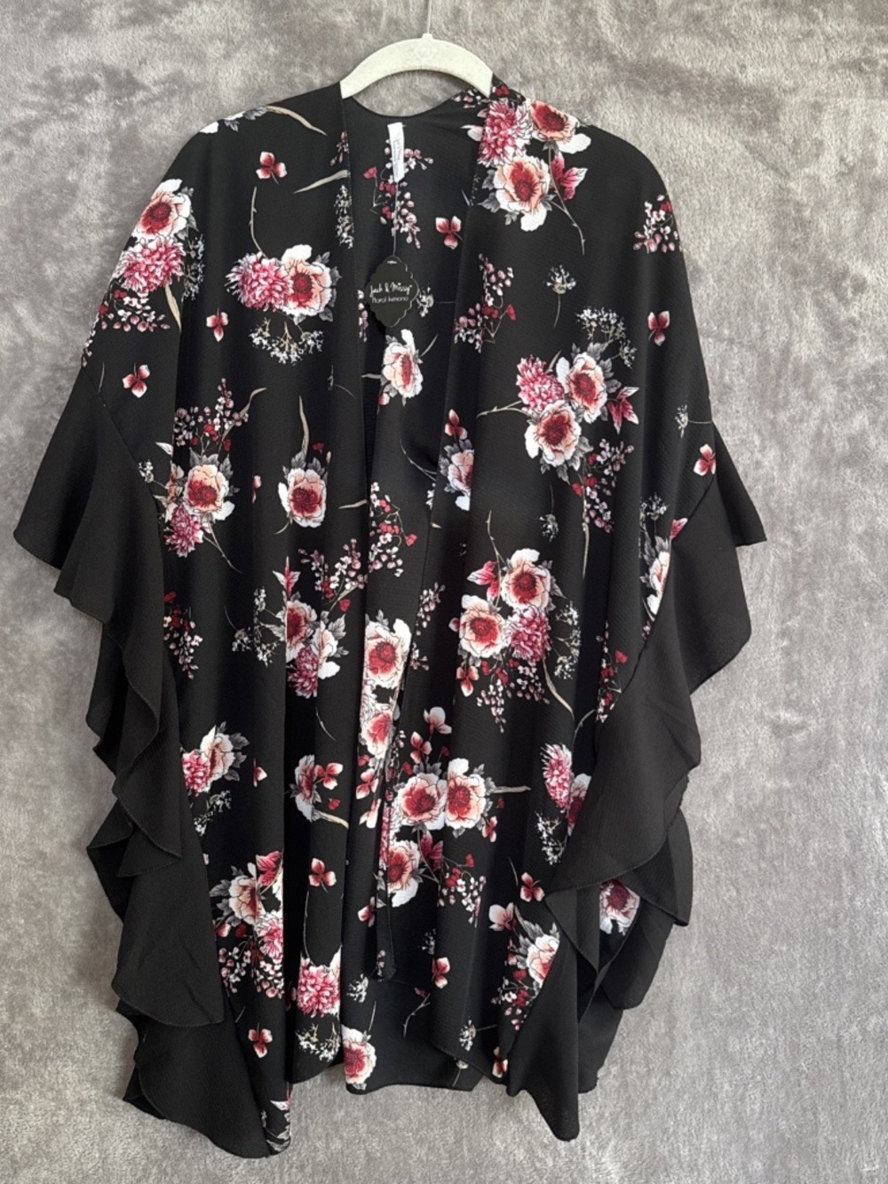 NWT Jack and Missy Kimono Top Women's One Size Floral Ruffles Short Sleeve Black